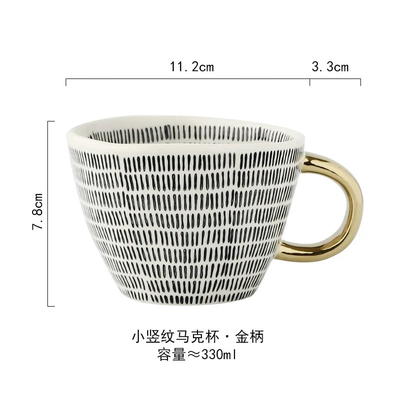 Hand-Painted Geometric Ceramic Mug with Gold Handle — Handmade Irregular Cup for Coffee & Tea