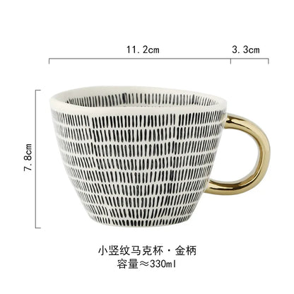Hand-Painted Geometric Ceramic Mug with Gold Handle — Handmade Irregular Cup for Coffee & Tea