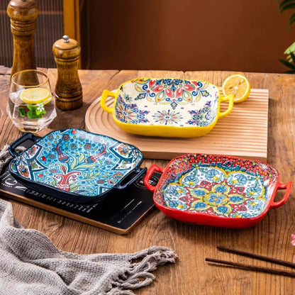 Bohemian Double Ear Ceramic Salad Plate — 9-Inch Square Pasta Dish, Oven & Microwave Safe in 8 Colors