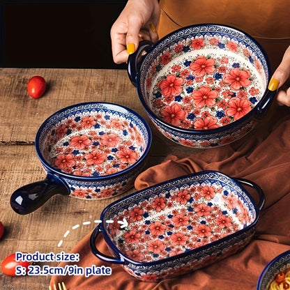 Hand-Painted Floral Ceramic Roasting Pan with Handles — Oven-Safe Casserole & Baking Dish