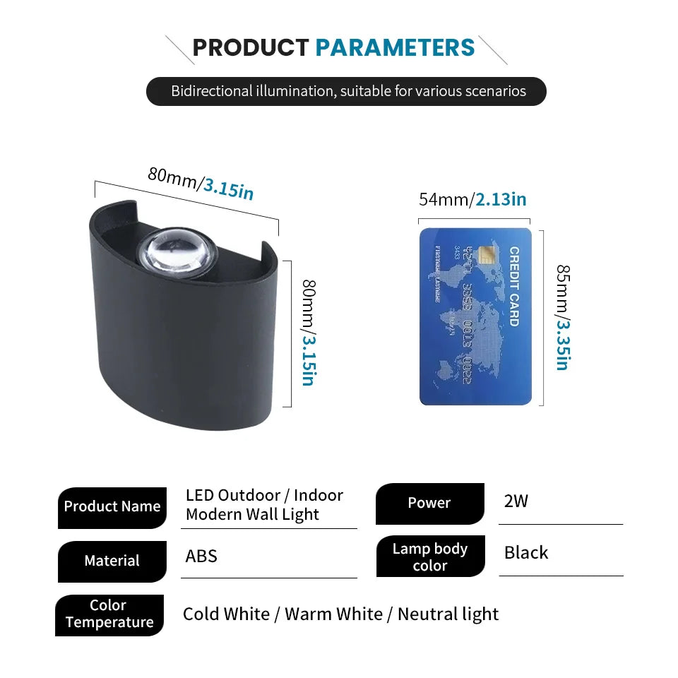 2W LED Wall Lamp — Waterproof Indoor & Outdoor Wall Light in White or Black, 3 Color Temperatures