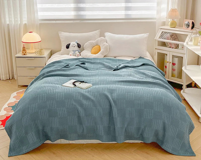 100% Cotton Waffle Knit Throw Blanket — Soft Breathable Sofa & Bed Throw