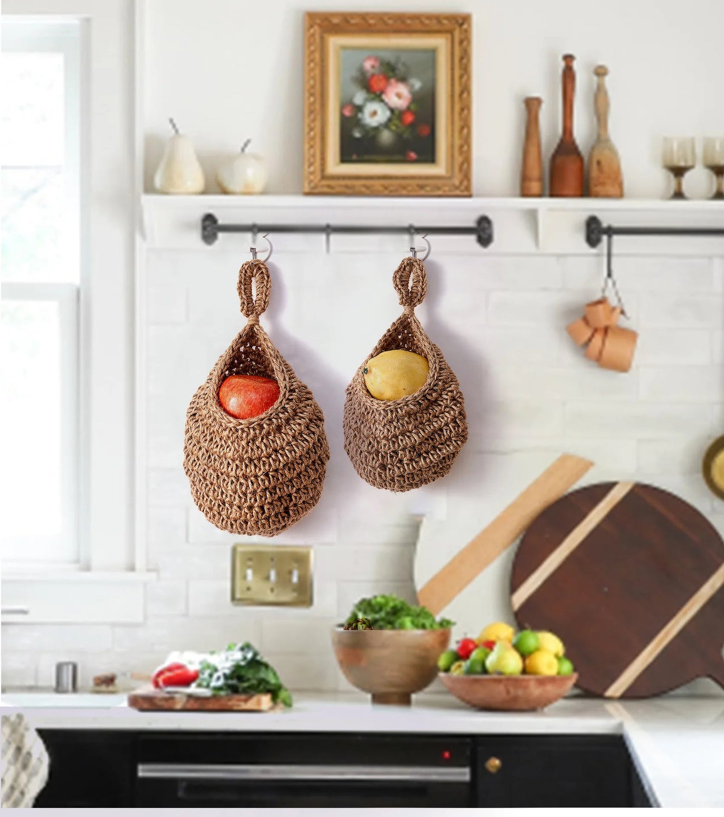 Handwoven Hanging Wall Basket — Natural Plant Fiber Fruit, Vegetable & Plant Organizer