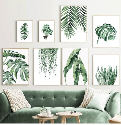 Scandinavian Tropical Leaves Canvas Poster — Unframed Green Botanical Wall Art in 11 Sizes