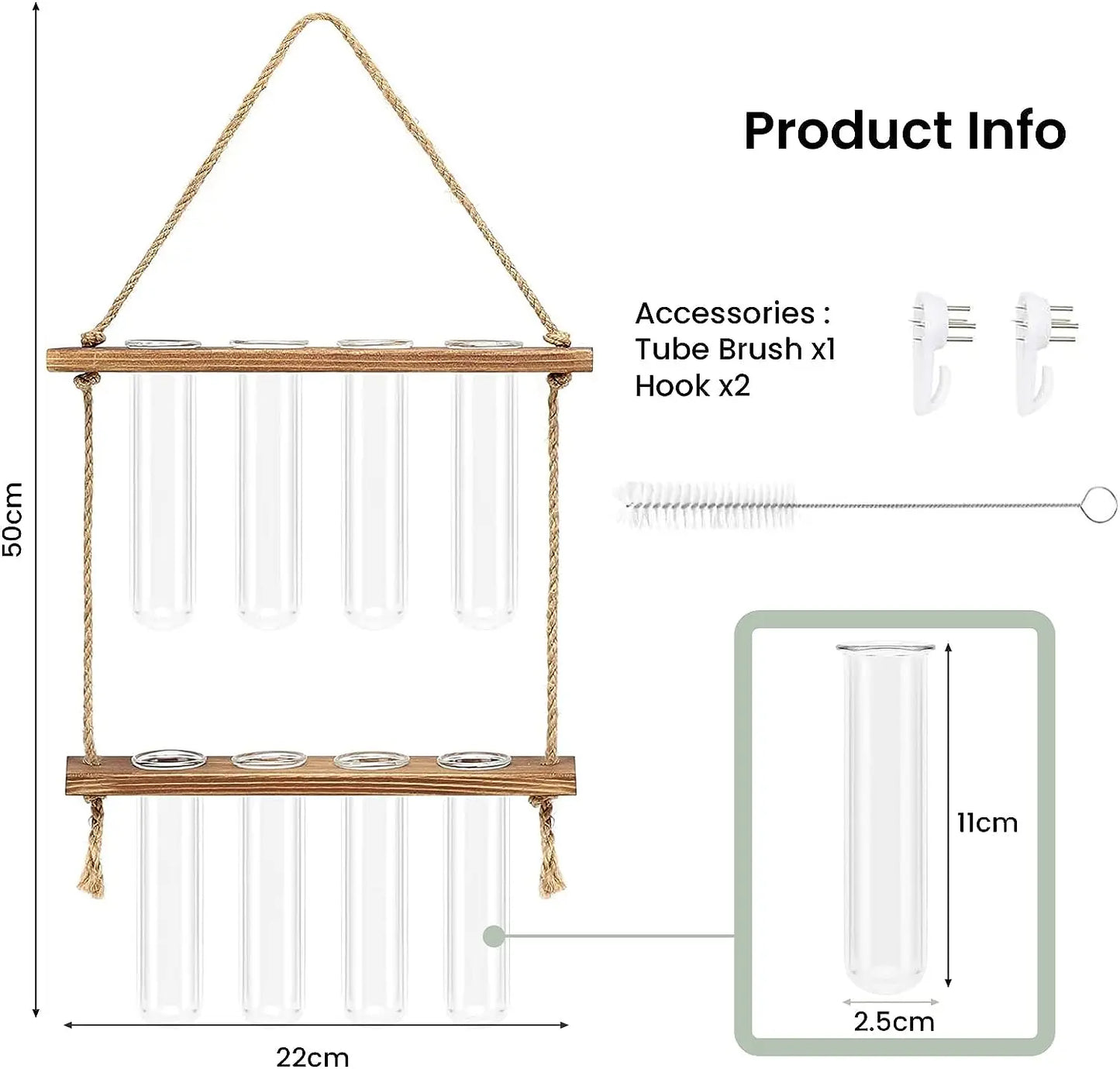 Wall Hanging Glass Test Tube Planter — 2-Layer Wooden Stand Hydroponic Vase & Plant Terrarium