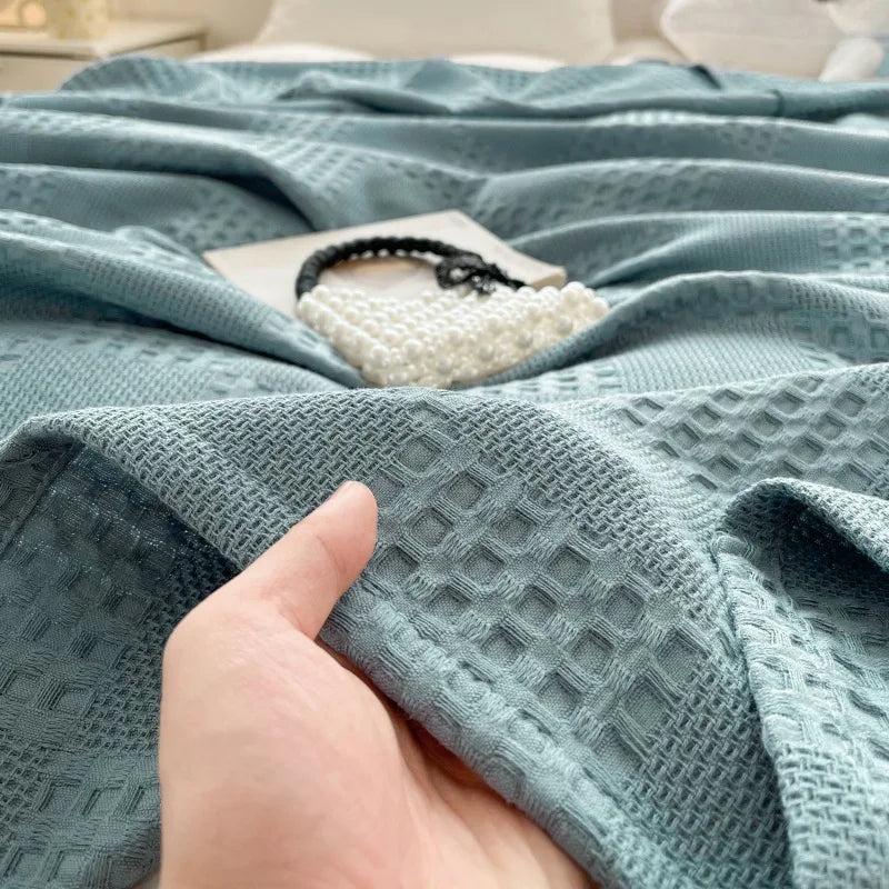 100% Cotton Waffle Knit Throw Blanket — Soft Breathable Sofa & Bed Throw