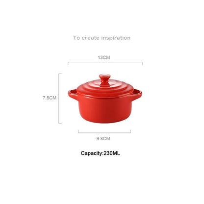 Ceramic Double Ear Bowl with Lid — Glazed Baking Bowl for Steamed Eggs, Soup & Pudding