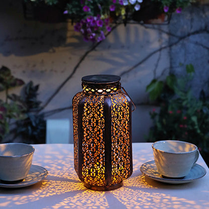 Retro Solar Hanging Lantern — Hollow Iron Outdoor Garden Light for Patio & Yard