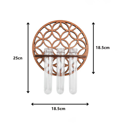 Wooden Circle Wall Planter with 3 Test Tubes — Indoor Plant Propagation Station & Hanging Vase Rack