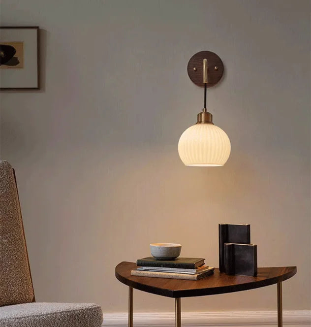 Japanese Retro Copper Wall Lamp — Walnut Wood & Frosted Glass Sconce for Bedroom & Hallway