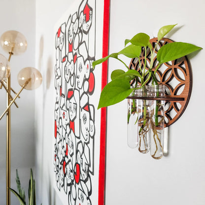 Wooden Circle Wall Planter with 3 Test Tubes — Indoor Plant Propagation Station & Hanging Vase Rack