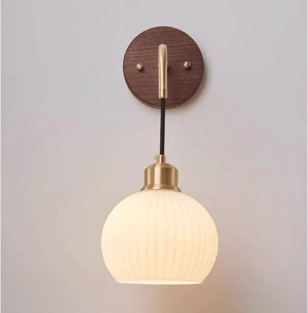 Japanese Retro Copper Wall Lamp — Walnut Wood & Frosted Glass Sconce for Bedroom & Hallway