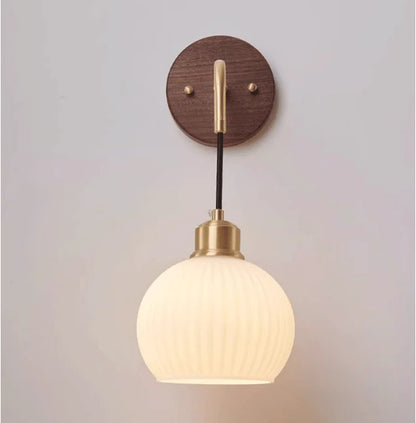 Japanese Retro Copper Wall Lamp — Walnut Wood & Frosted Glass Sconce for Bedroom & Hallway