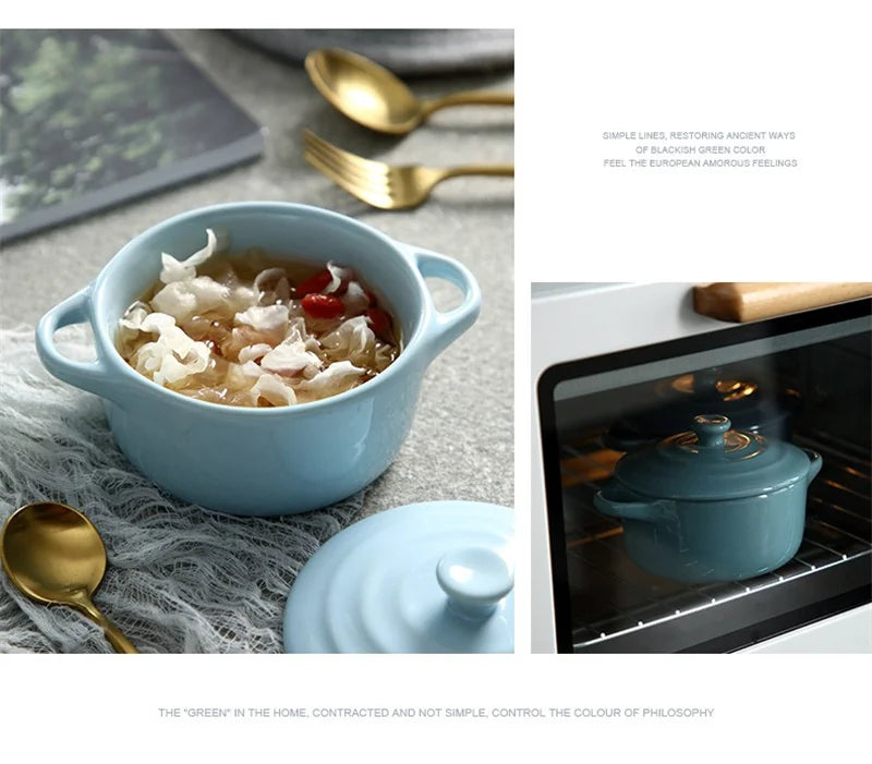 Ceramic Double Ear Bowl with Lid — Glazed Baking Bowl for Steamed Eggs, Soup & Pudding