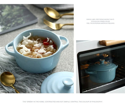 Ceramic Double Ear Bowl with Lid — Glazed Baking Bowl for Steamed Eggs, Soup & Pudding