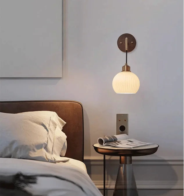 Japanese Retro Copper Wall Lamp — Walnut Wood & Frosted Glass Sconce for Bedroom & Hallway