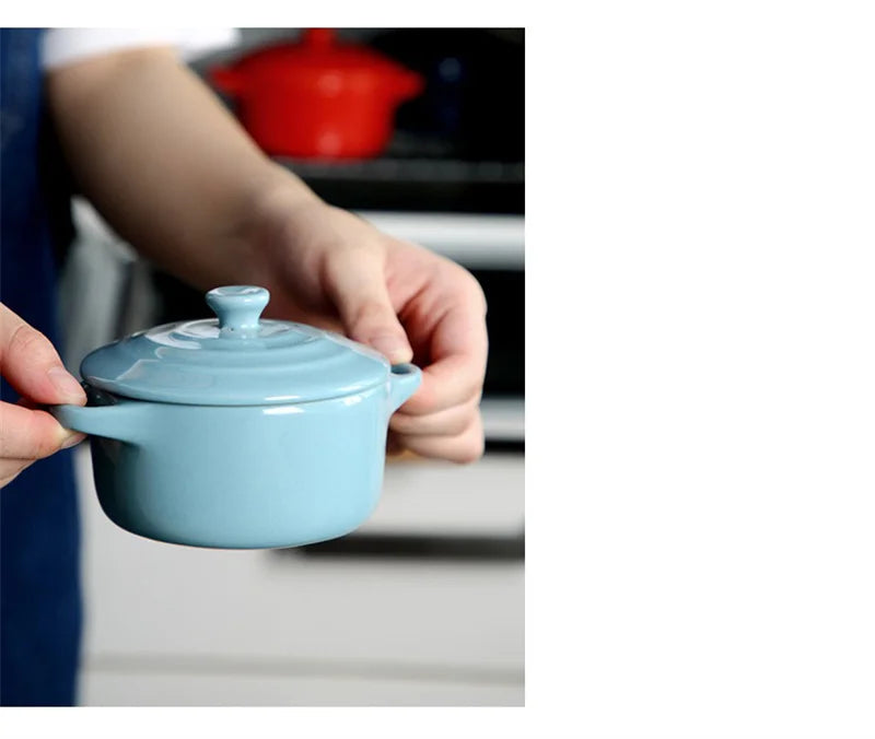 Ceramic Double Ear Bowl with Lid — Glazed Baking Bowl for Steamed Eggs, Soup & Pudding