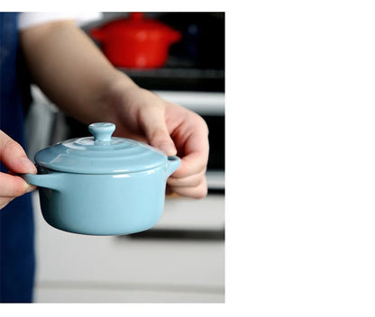 Ceramic Double Ear Bowl with Lid — Glazed Baking Bowl for Steamed Eggs, Soup & Pudding