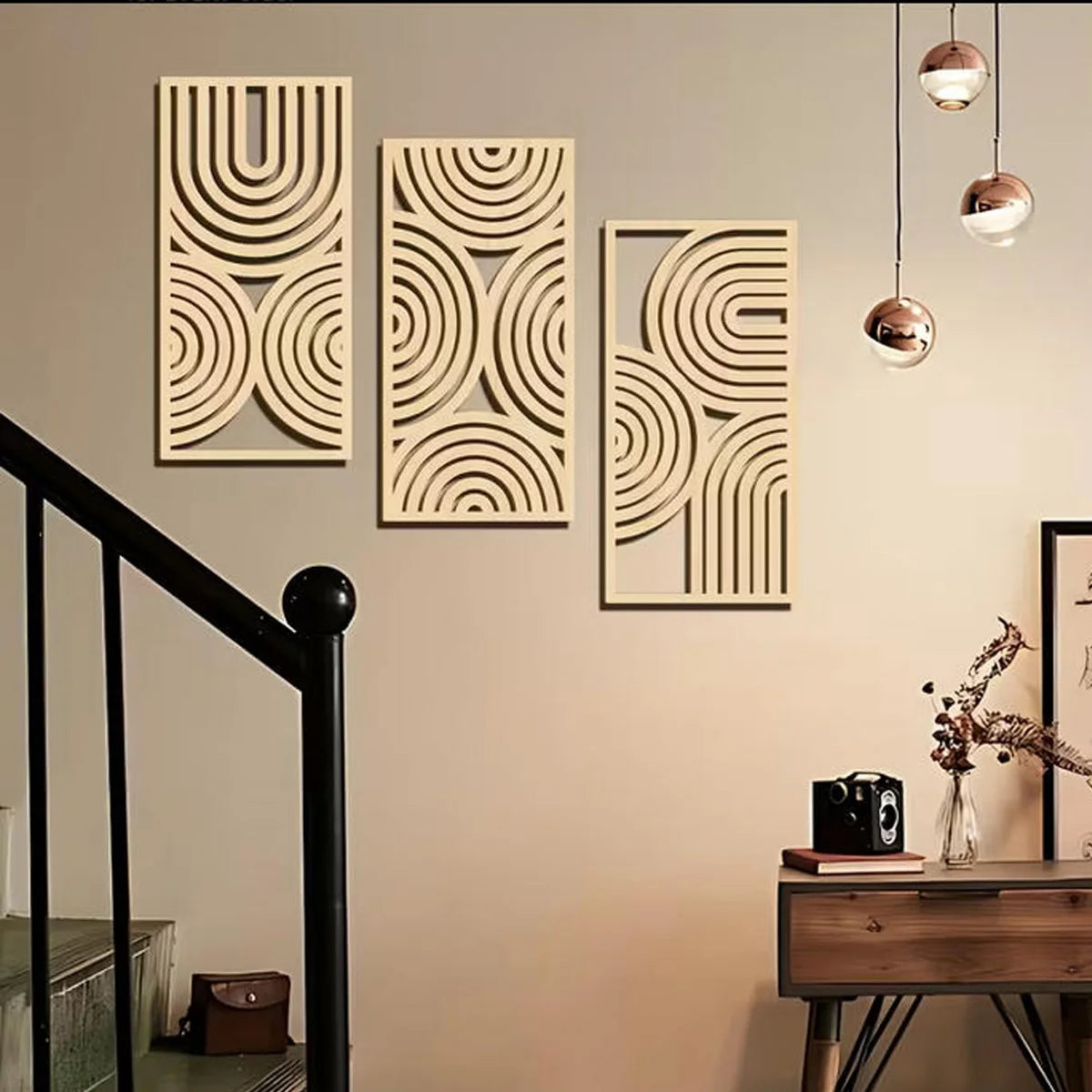 3-Piece Abstract Hollow Arch Wooden Wall Mural Set — Bohemian Wall Art for Kitchen, Bathroom & Living Room