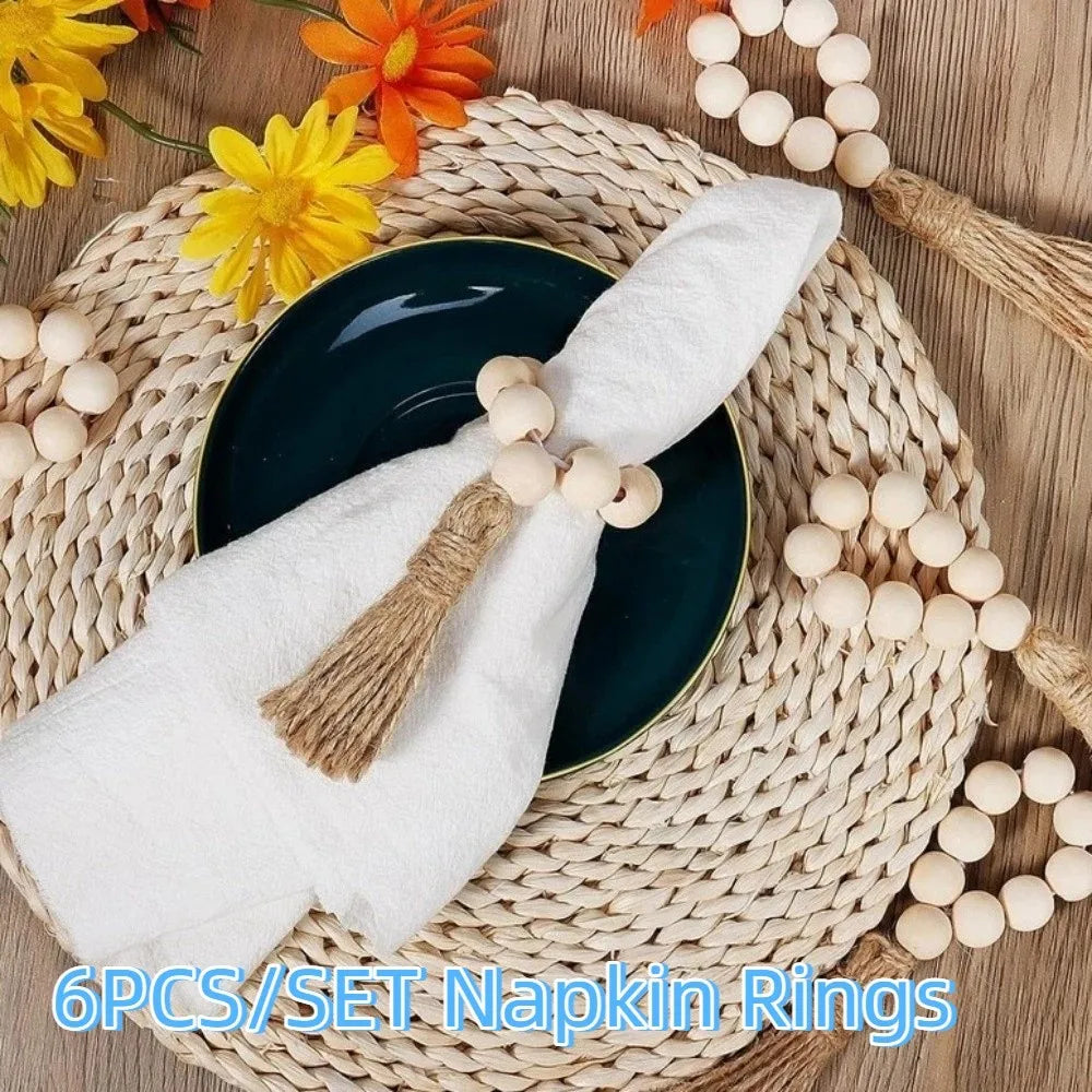 Farmhouse Wooden Bead Napkin Rings — Set of 6 with Tassel String | Handmade Table Decor