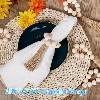 Farmhouse Wooden Bead Napkin Rings — Set of 6 with Tassel String | Handmade Table Decor