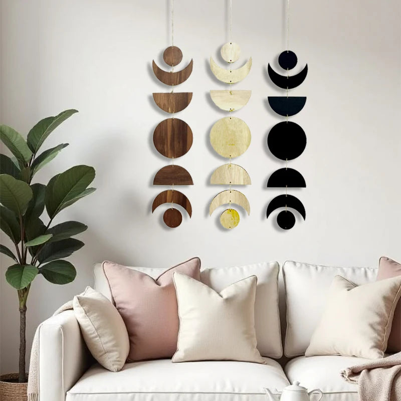 Bohemian Wooden Moon Pendant Wall Hanging — Natural Wood Boho Room Decor