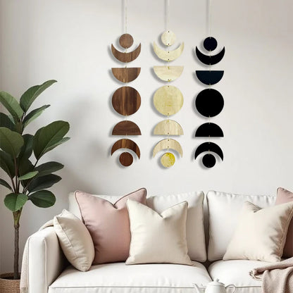 Bohemian Wooden Moon Pendant Wall Hanging — Natural Wood Boho Room Decor