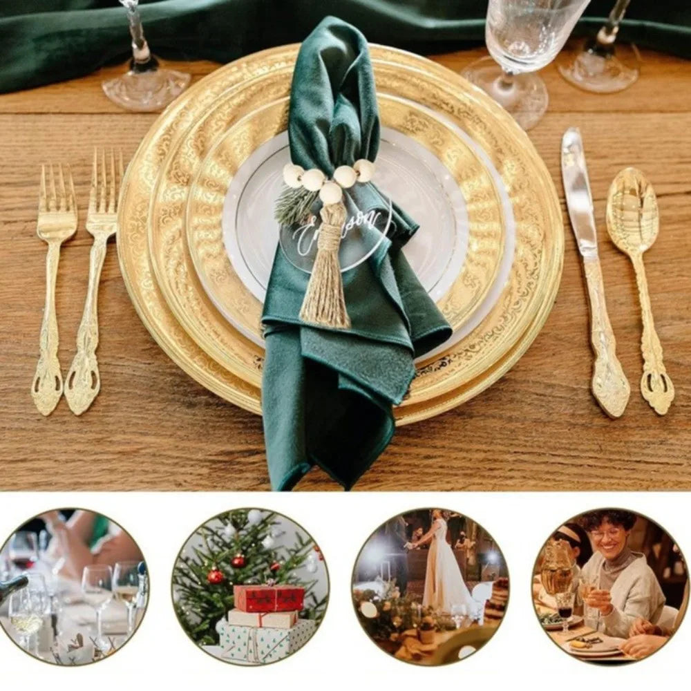 Farmhouse Wooden Bead Napkin Rings — Set of 6 with Tassel String | Handmade Table Decor