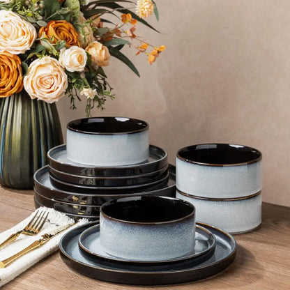 Reactive Glaze Ceramic Dinnerware Set for 4 — 12-Piece Plates & Bowls Set