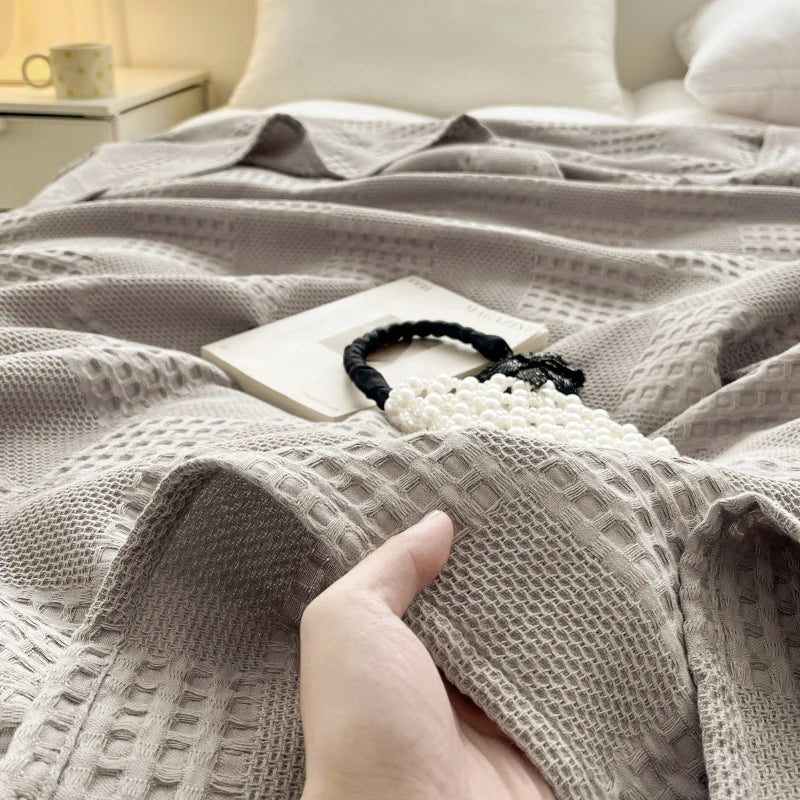 100% Cotton Waffle Knit Throw Blanket — Soft Breathable Sofa & Bed Throw