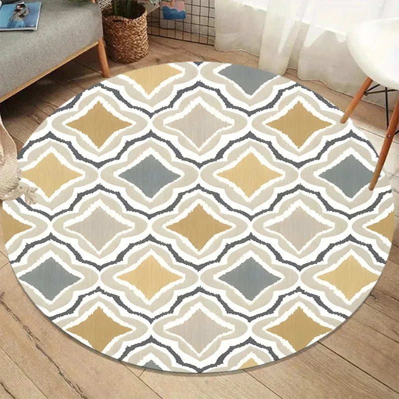 Boho Line Art Round Rug — Beige & Gray Abstract Non-Slip Mat for Living Room & Bedroom