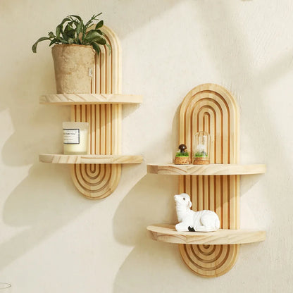 Boho Geometric Wooden Wall Shelf — Natural Finish Plant & Decorative Display Shelf, Single or 2-Layer