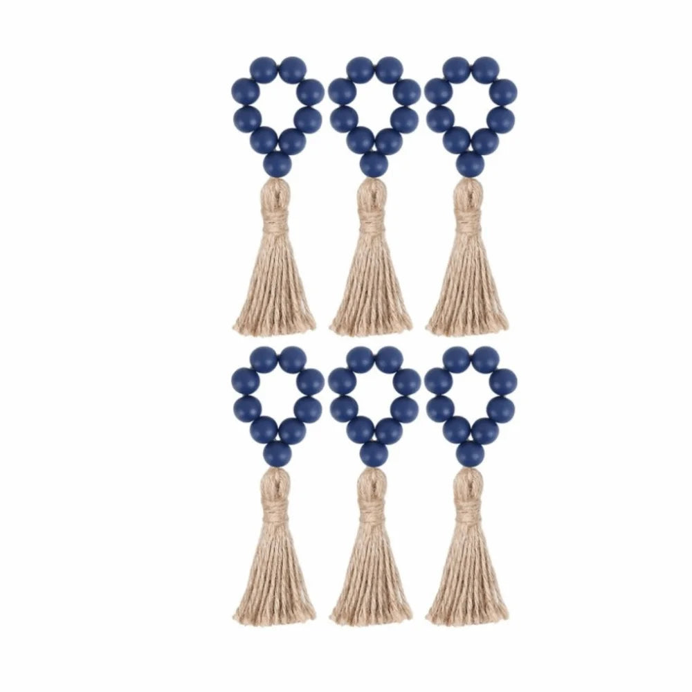 Farmhouse Wooden Bead Napkin Rings — Set of 6 with Tassel String | Handmade Table Decor