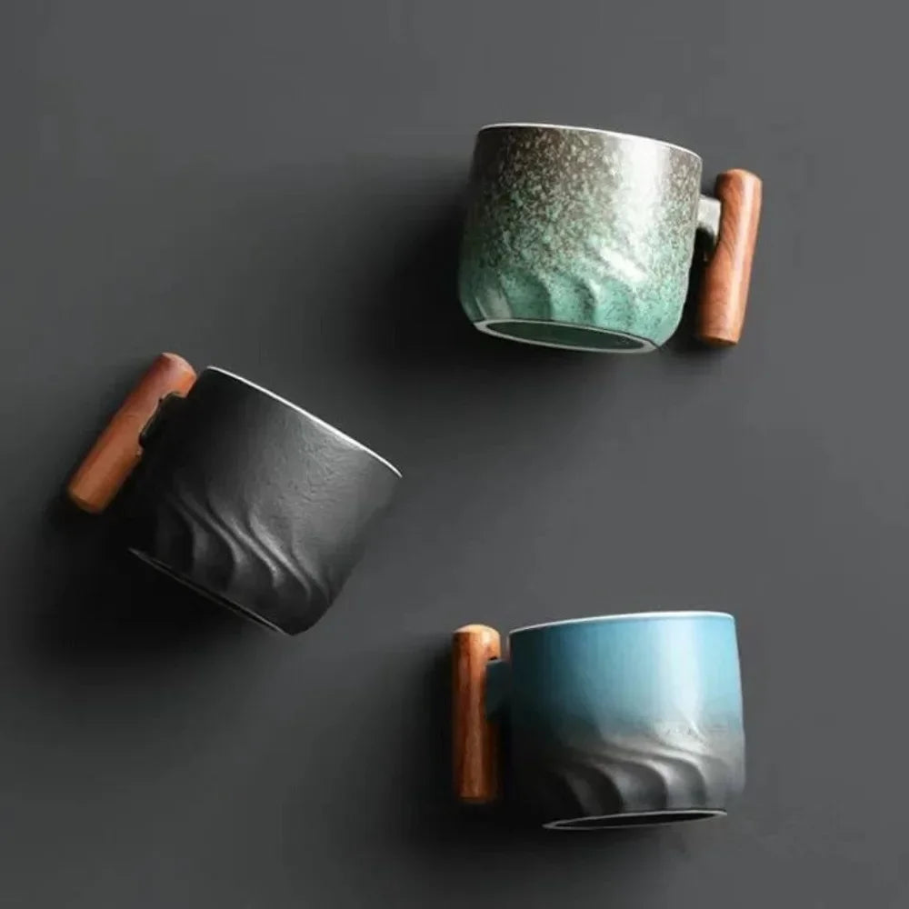 Handmade Kiln-Glazed Ceramic Espresso Mug with Wooden Handle — Retro Italian Style Coffee Cup