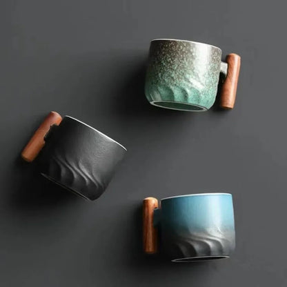 Handmade Kiln-Glazed Ceramic Espresso Mug with Wooden Handle — Retro Italian Style Coffee Cup