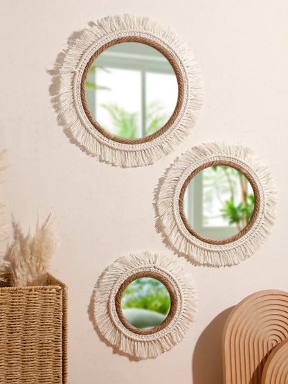 Bohemian Woven Round Wall Mirror — Handmade Boho Decorative Mirror in 3 Sizes