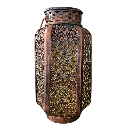 Retro Solar Hanging Lantern — Hollow Iron Outdoor Garden Light for Patio & Yard