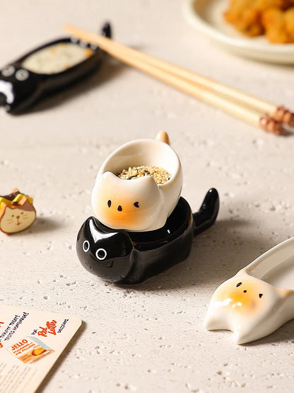 Ceramic Cat-Shaped Mini Dipping Plate — 4-Inch Side Dish & Decorative Cat Bowl in Black or Yellow