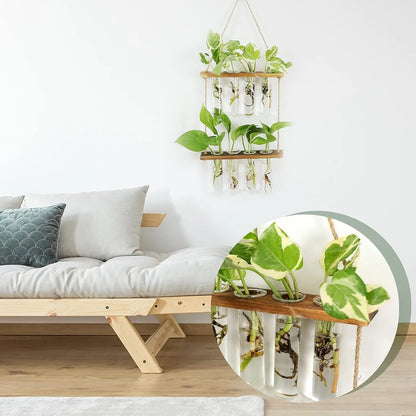 Wall Hanging Glass Test Tube Planter — 2-Layer Wooden Stand Hydroponic Vase & Plant Terrarium