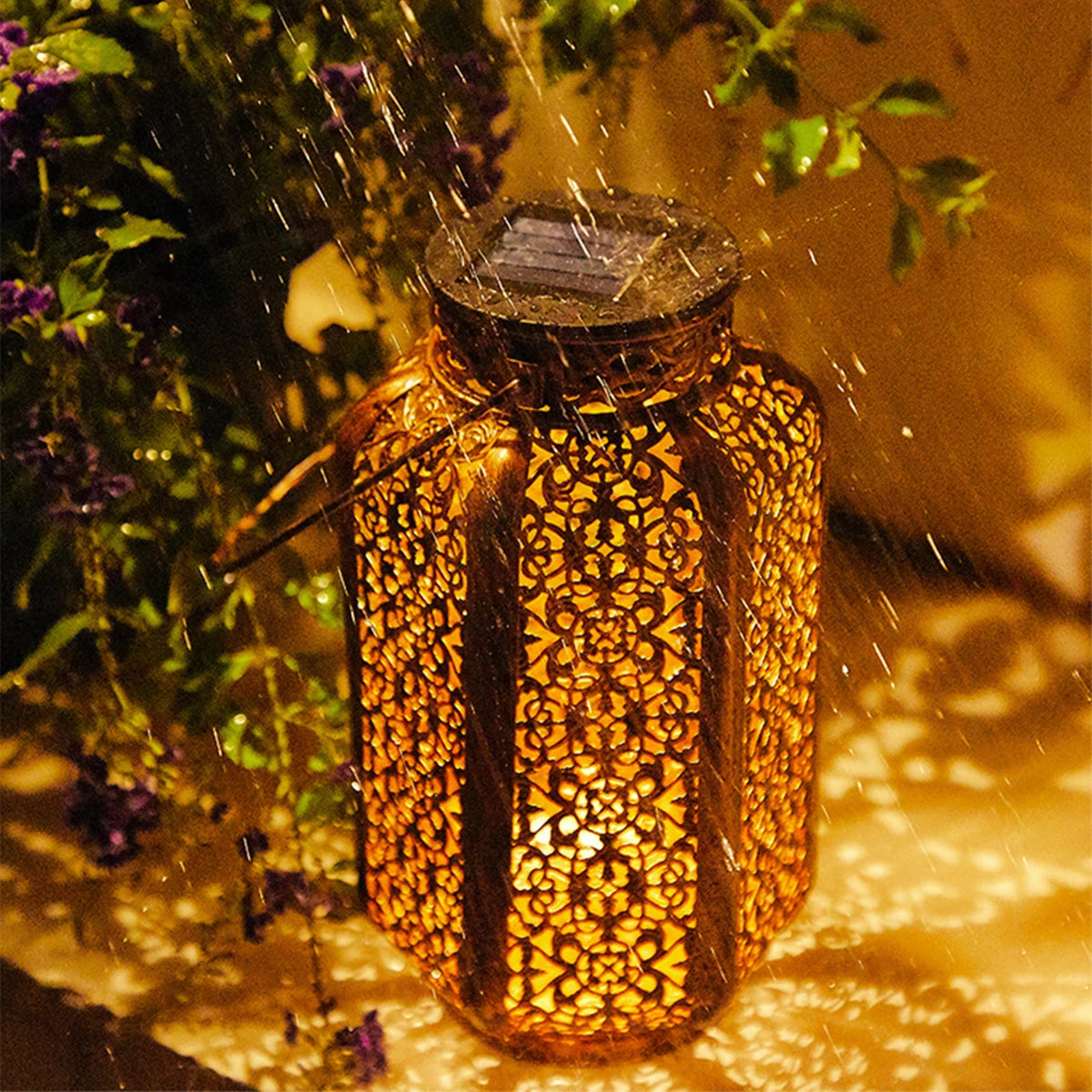 Retro Solar Hanging Lantern — Hollow Iron Outdoor Garden Light for Patio & Yard