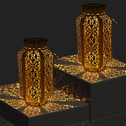 Retro Solar Hanging Lantern — Hollow Iron Outdoor Garden Light for Patio & Yard