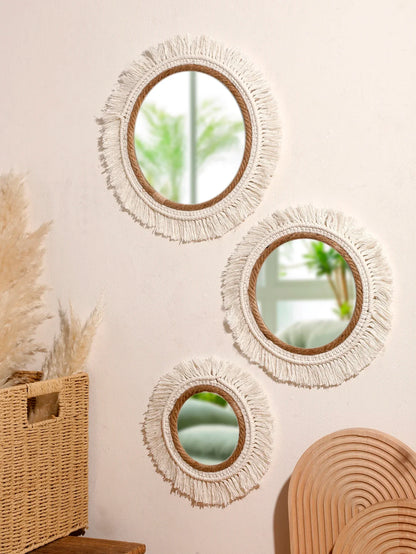 Bohemian Woven Round Wall Mirror — Handmade Boho Decorative Mirror in 3 Sizes
