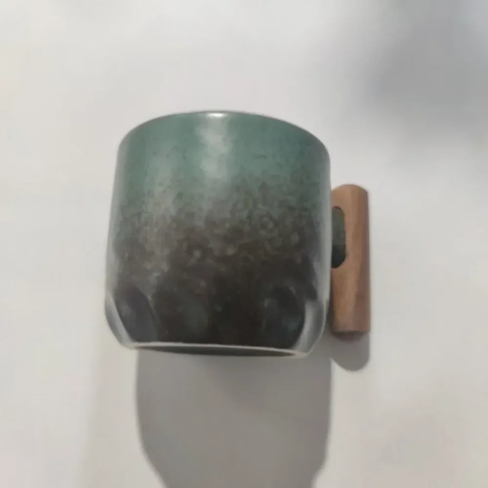 Handmade Kiln-Glazed Ceramic Espresso Mug with Wooden Handle — Retro Italian Style Coffee Cup