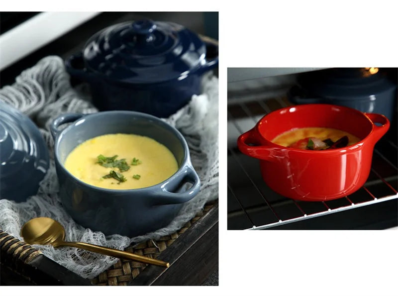 Ceramic Double Ear Bowl with Lid — Glazed Baking Bowl for Steamed Eggs, Soup & Pudding