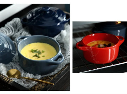 Ceramic Double Ear Bowl with Lid — Glazed Baking Bowl for Steamed Eggs, Soup & Pudding