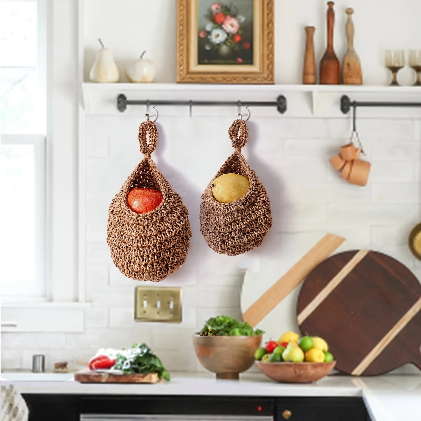 Handwoven Hanging Wall Basket — Natural Plant Fiber Fruit, Vegetable & Plant Organizer