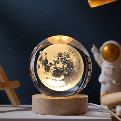 3D Crystal Ball Galaxy Night Light — Laser Engraved LED Lamp with Wooden Base