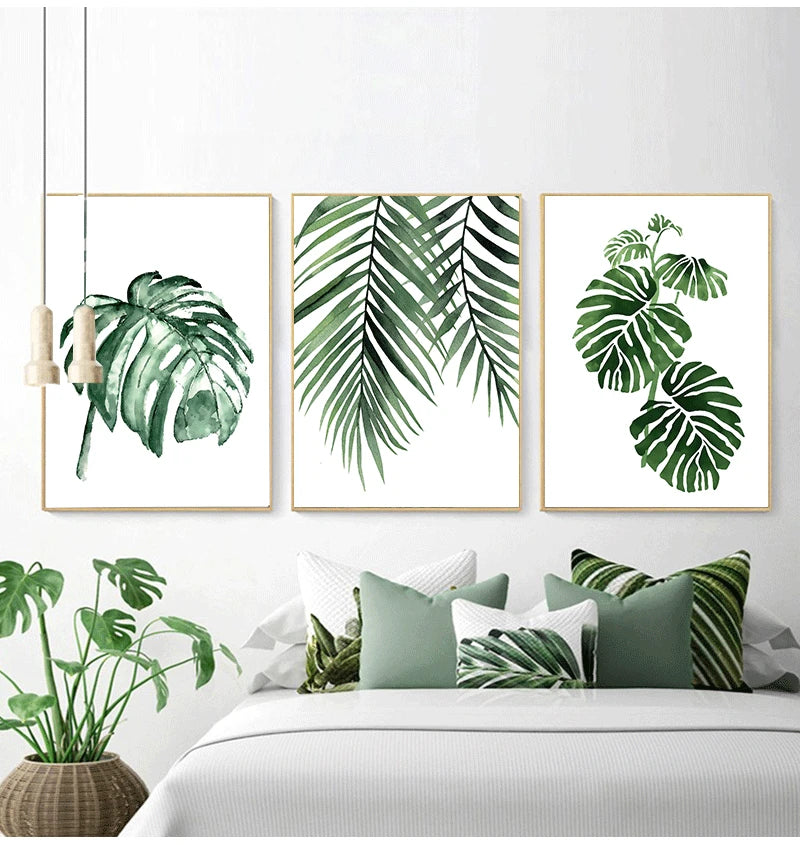 Scandinavian Tropical Leaves Canvas Poster — Unframed Green Botanical Wall Art in 11 Sizes