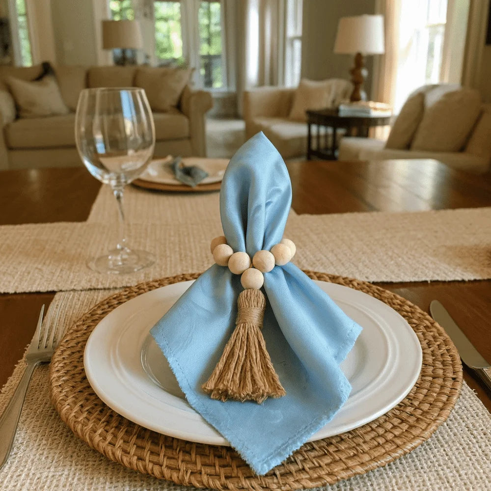 Farmhouse Wooden Bead Napkin Rings — Set of 6 with Tassel String | Handmade Table Decor