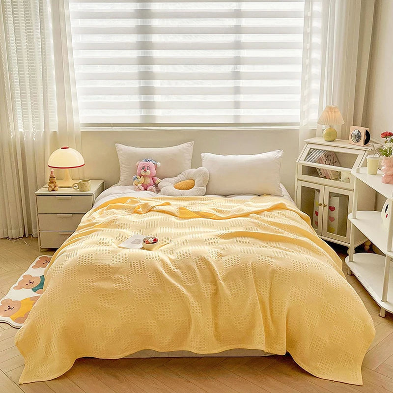 100% Cotton Waffle Knit Throw Blanket — Soft Breathable Sofa & Bed Throw